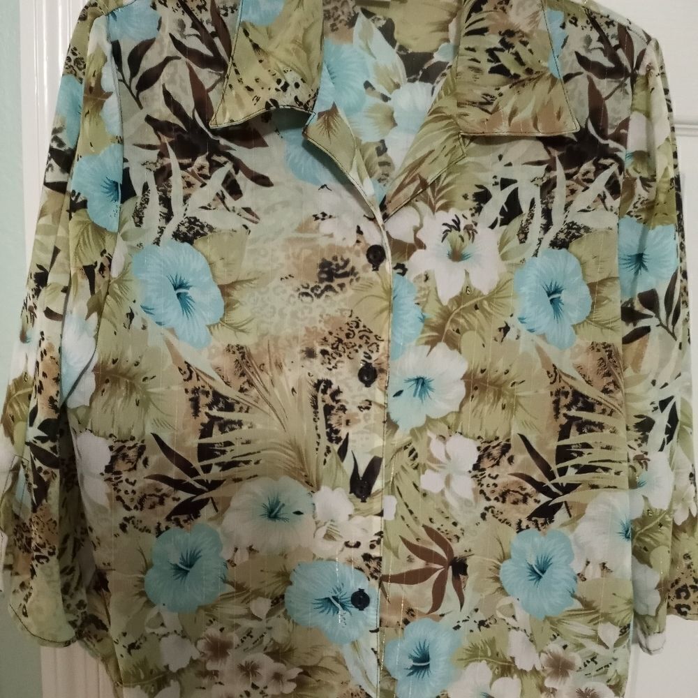 C.B.collection XL Mlticlrd Floral Print 3/4 Slvs Buttons Up Women's Shirt